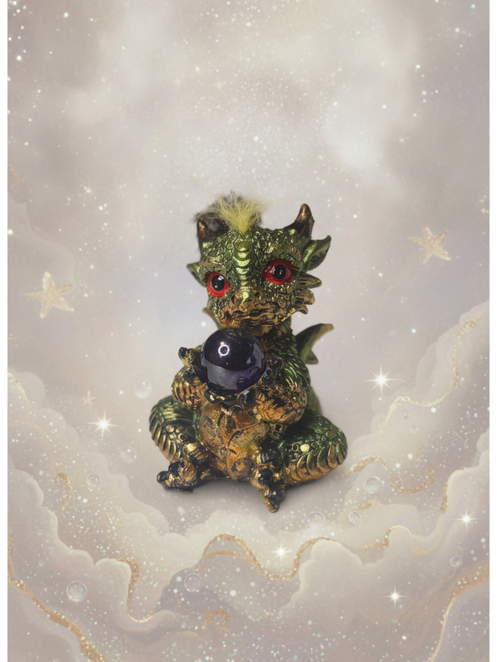 Vintage Green Dragon Figurine Holding Purple Orb with Red Eyes and Faux Fur Accs